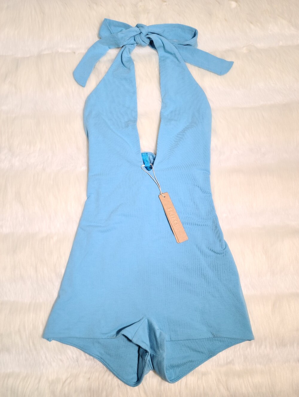 SKIMS Cotton Jersey Plunge Onesie Blue Water Women XXS NEW